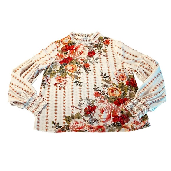 Jealous Tomato Cream Smoked/Ruffled High Neckline Long Sleeve Boho Blouse Sz Lg - Picture 9 of 11